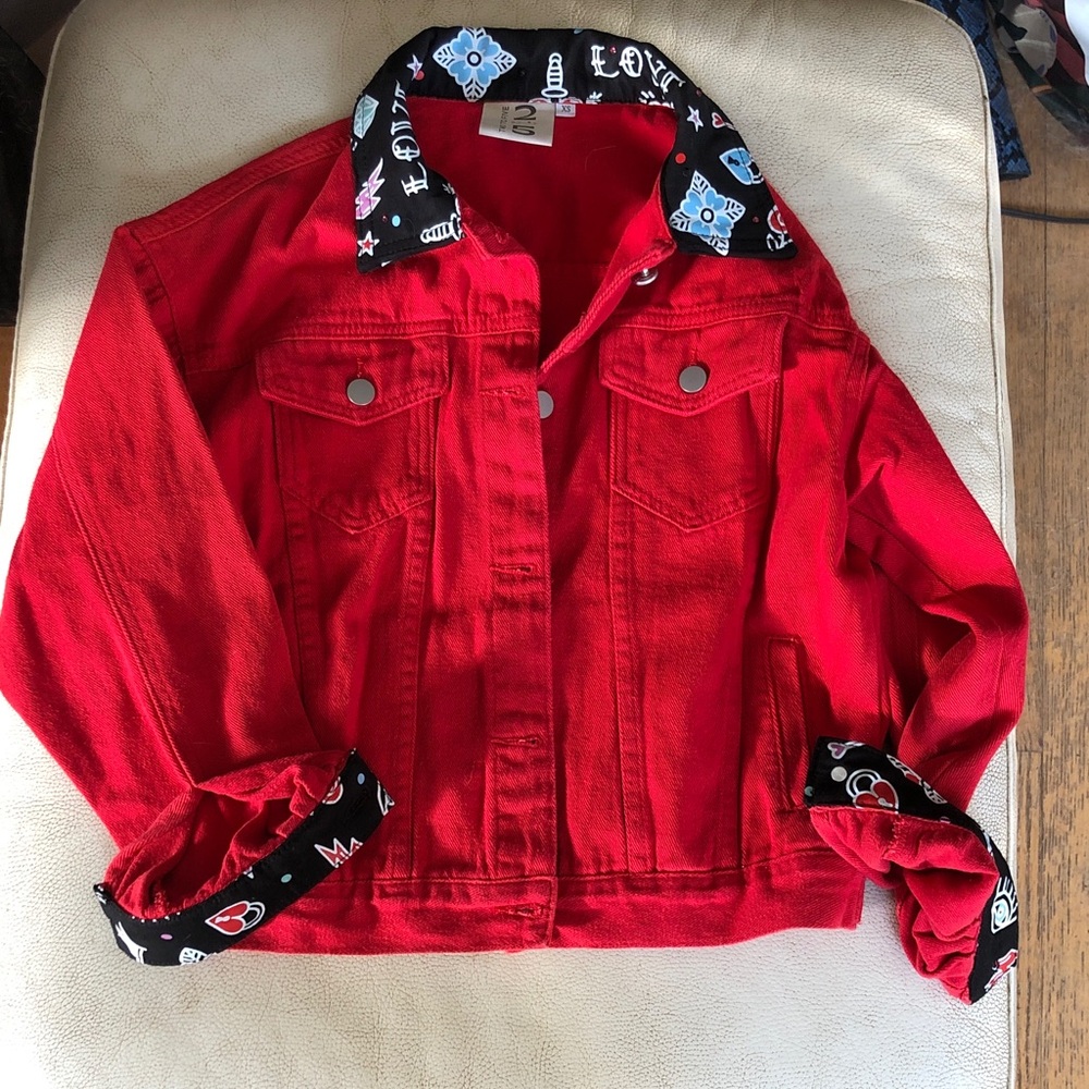 Vintage XS red denim jean jacket with collar/cuffs/ back black design